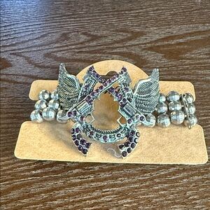 Winged Horseshoe Purple Crystal Silver Bracelet